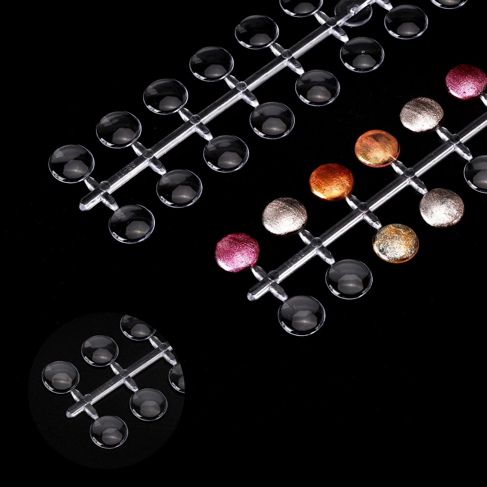 Close up of clear round nail display tips for manicure training