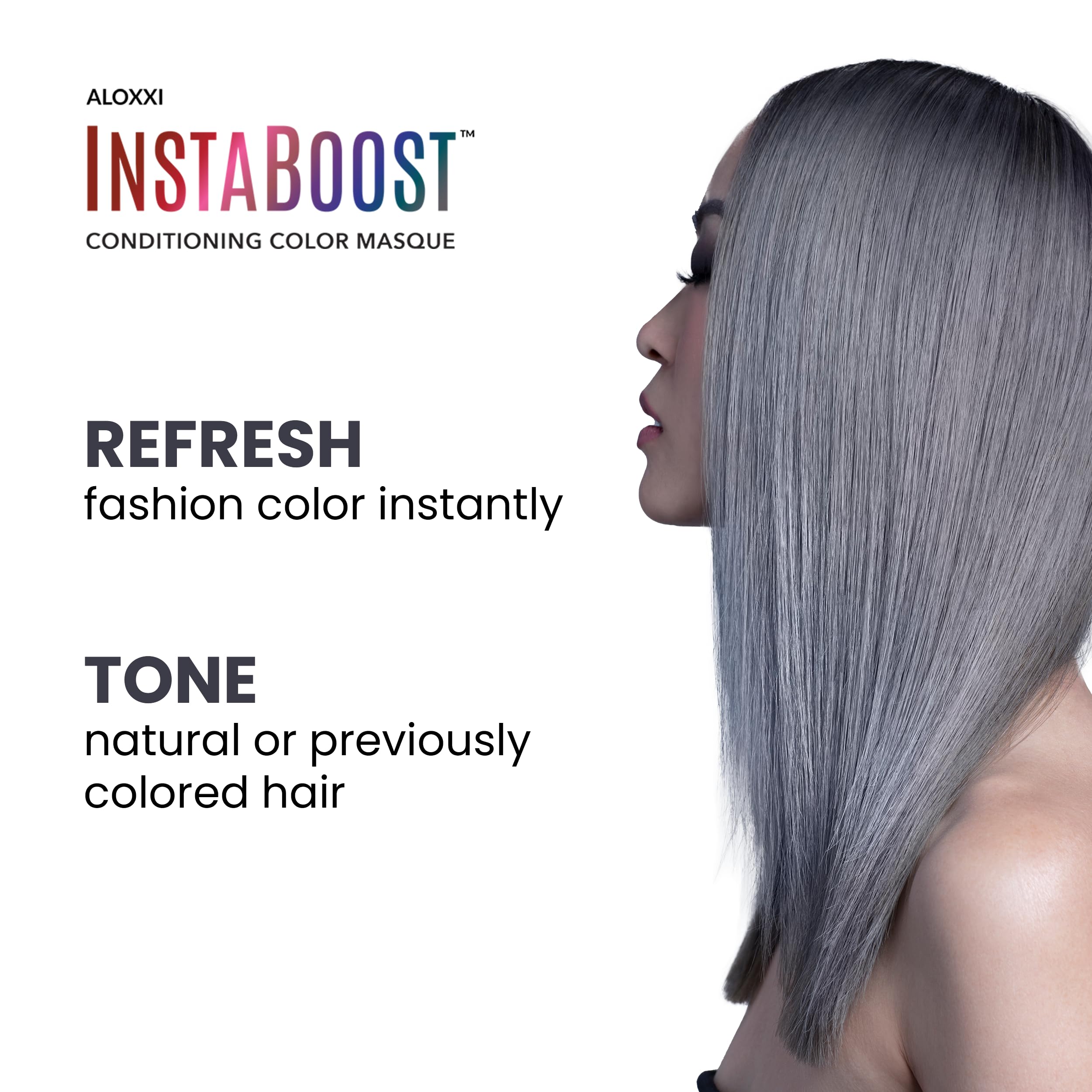 Back packaging label of ALOXXI InstaBoost silver color depositing conditioner showing instructions