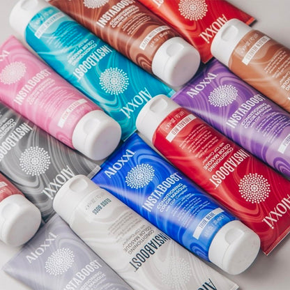 USA-imported ALOXXI hair color treatment packaging detailing the color deposit protection complex