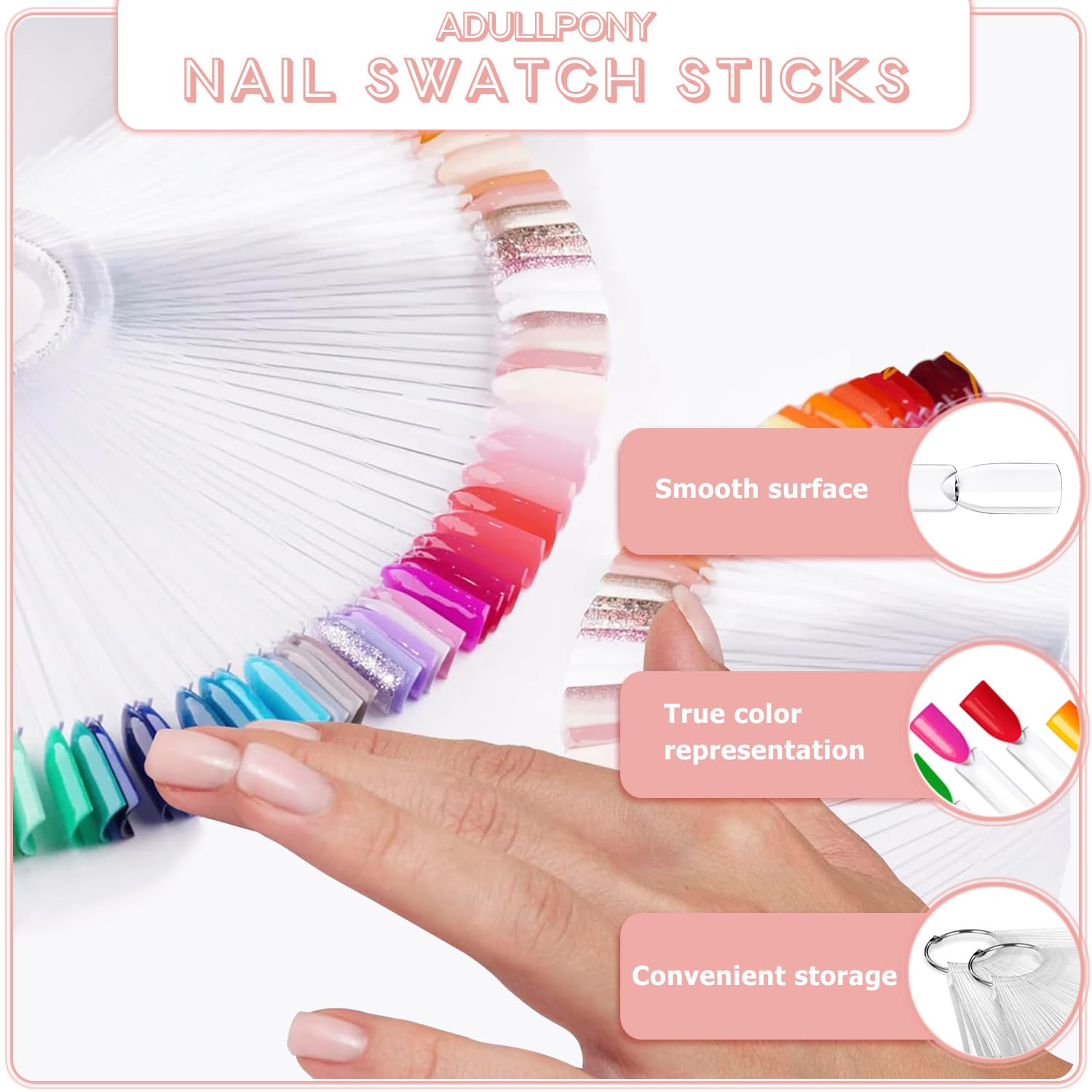 Nail art swatch sticks organized on a metal ring