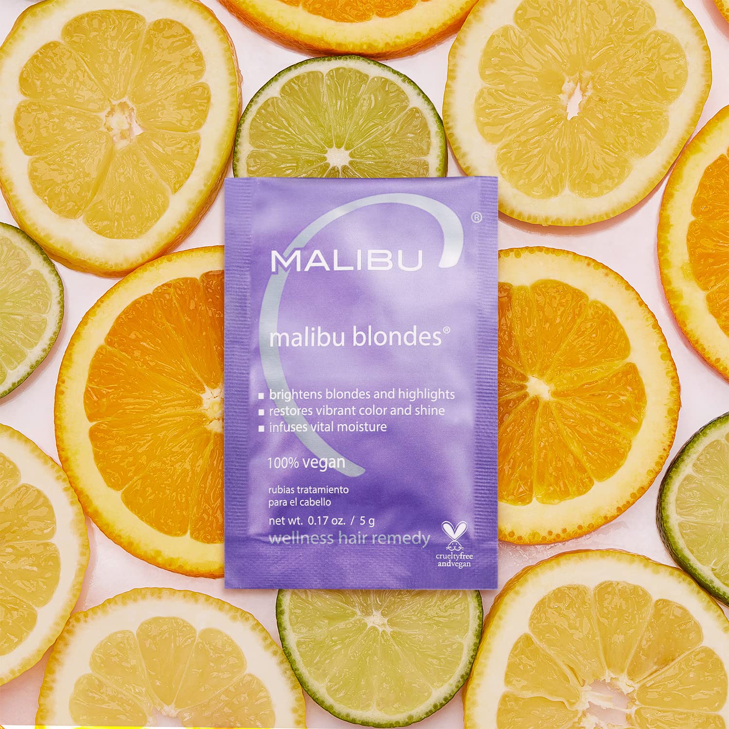 Malibu C Blondes treatment packet showcasing vegan vitamin complex logo
