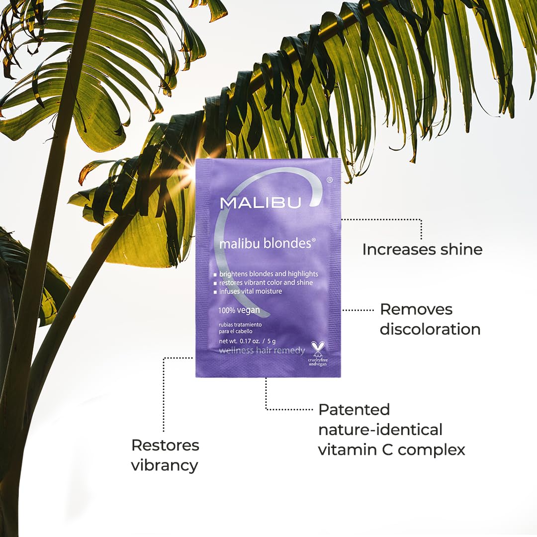 Back packaging of Malibu C Blondes packet with directions for brassiness removal