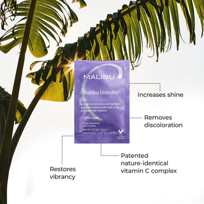 Back packaging of Malibu C Blondes packet with directions for brassiness removal