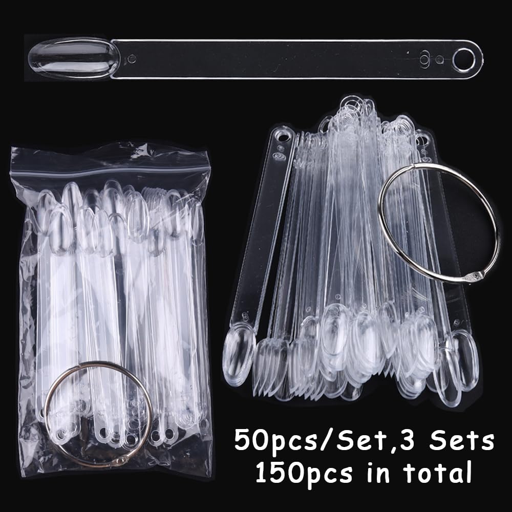 Close up view of transparent oval acrylic nail tips for gel polish.