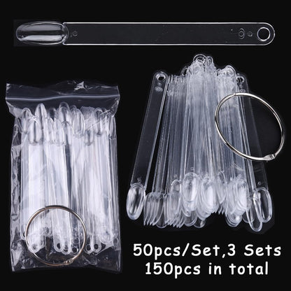 Close up view of transparent oval acrylic nail tips for gel polish.
