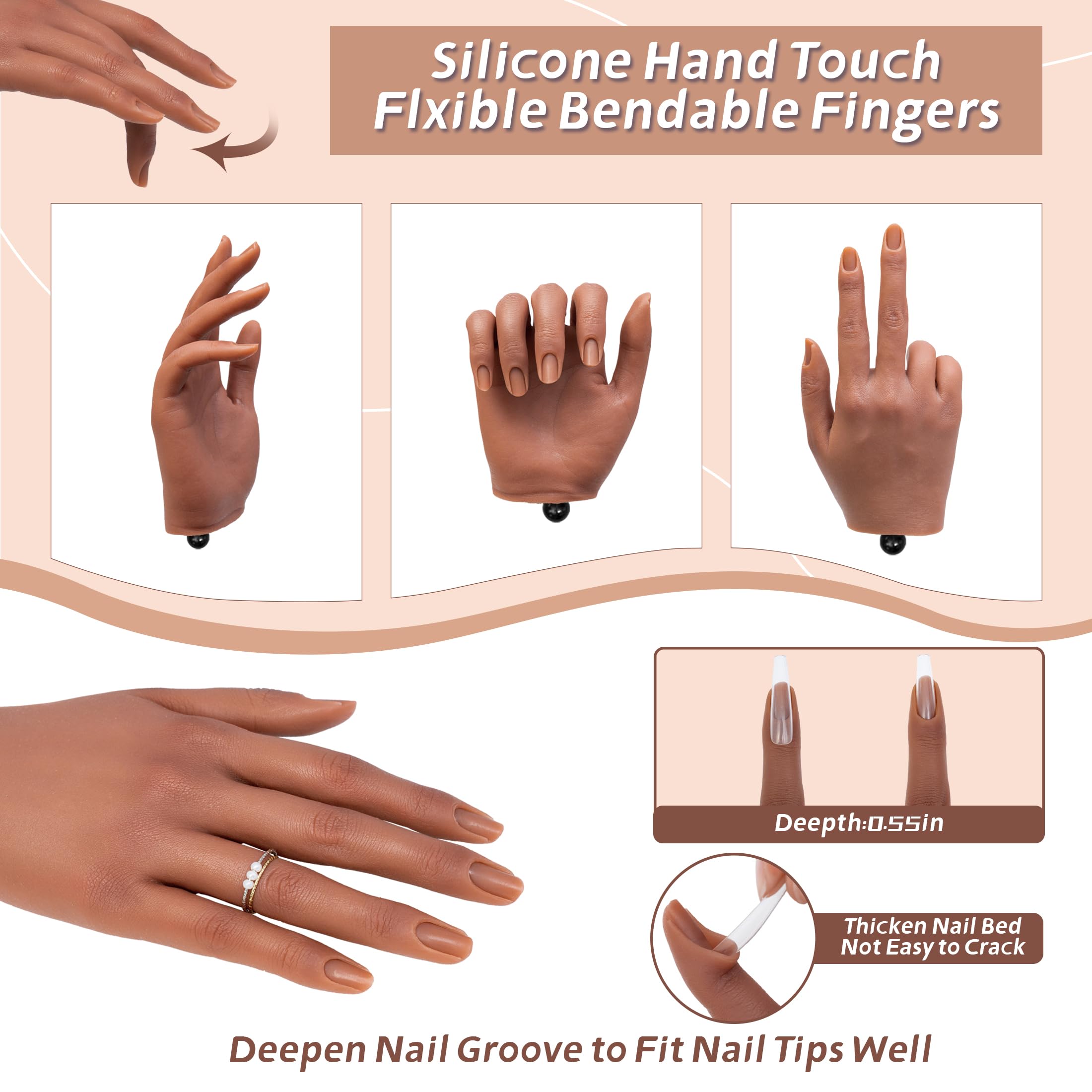 Close up of Veikmv practice hand with nail tip insertion slot