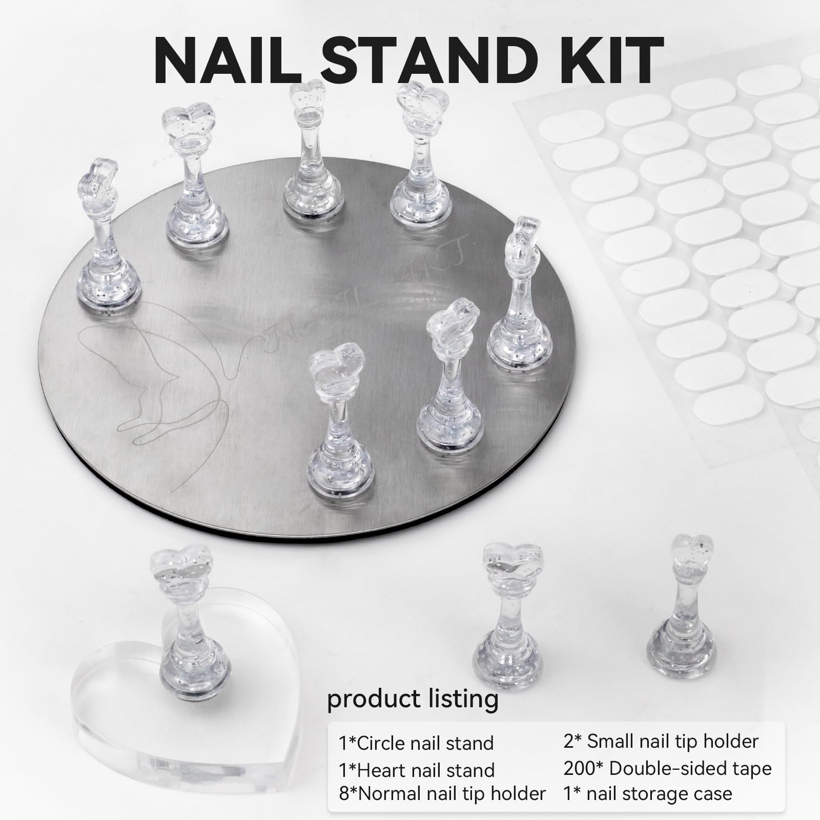 Close up of magnetic heart shaped nail tip holders on display base.