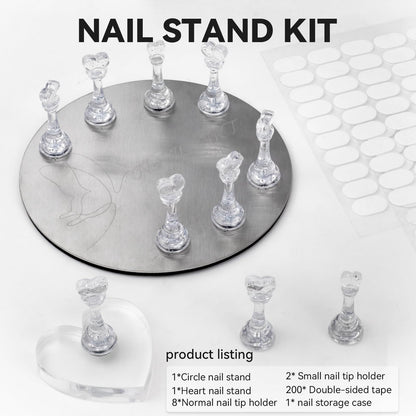 Close up of magnetic heart shaped nail tip holders on display base.
