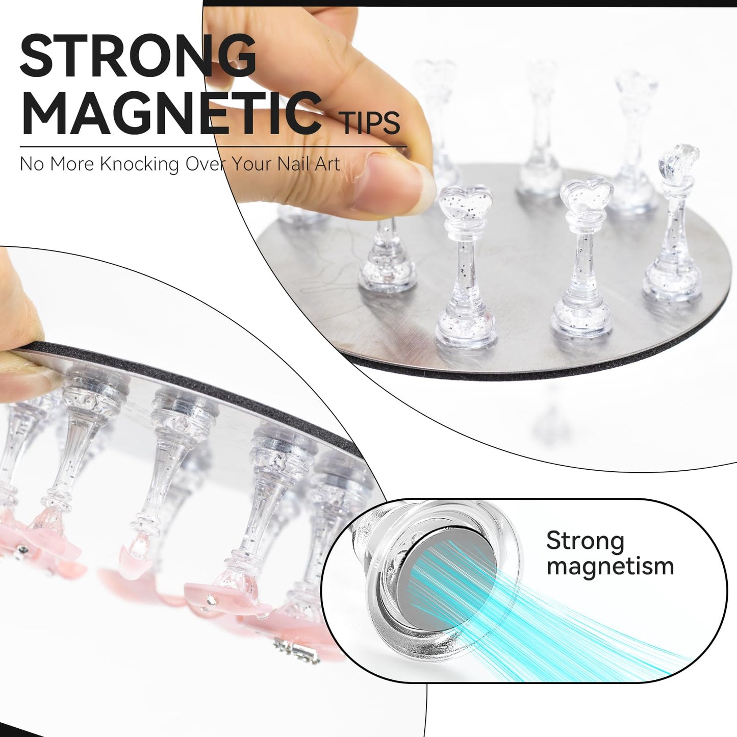 Flat lay of Esuohym nail art display tools for home and salon use.