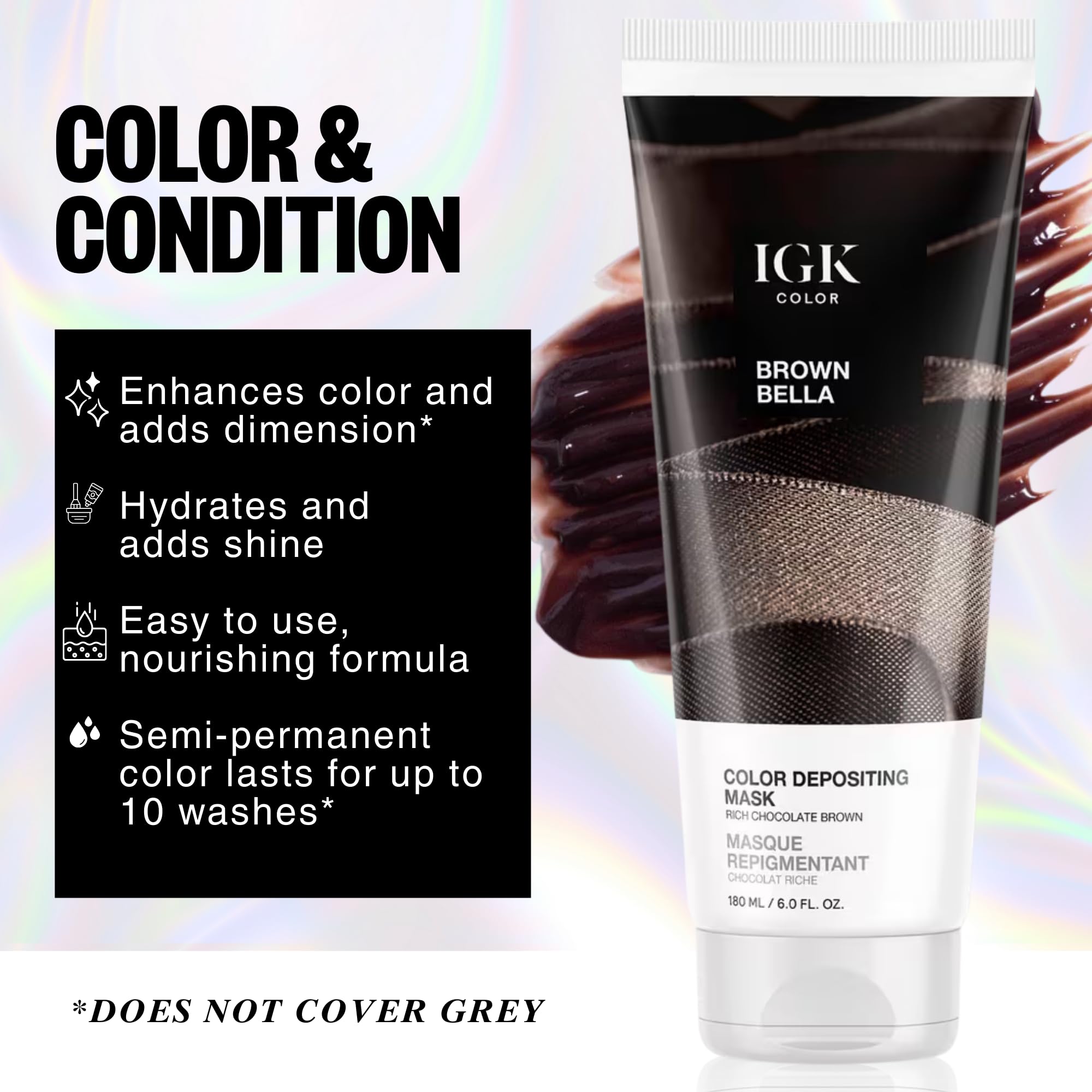 IGK chocolate brown hair mask tube displaying product directions and features