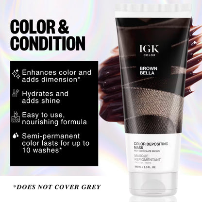 IGK chocolate brown hair mask tube displaying product directions and features