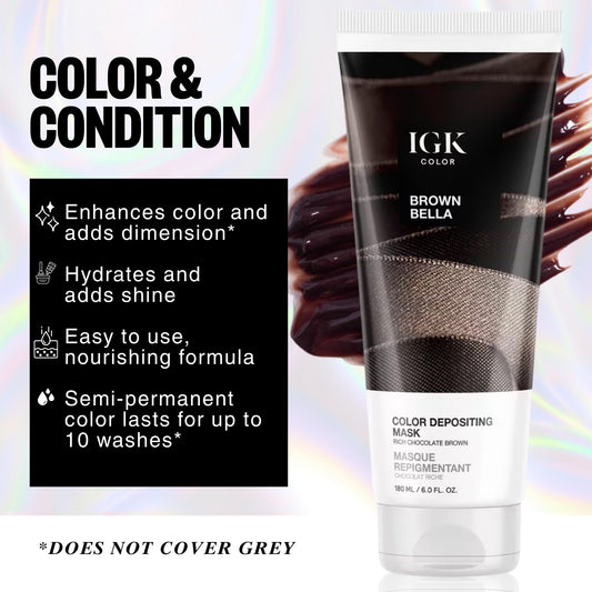IGK chocolate brown hair mask tube displaying product directions and features