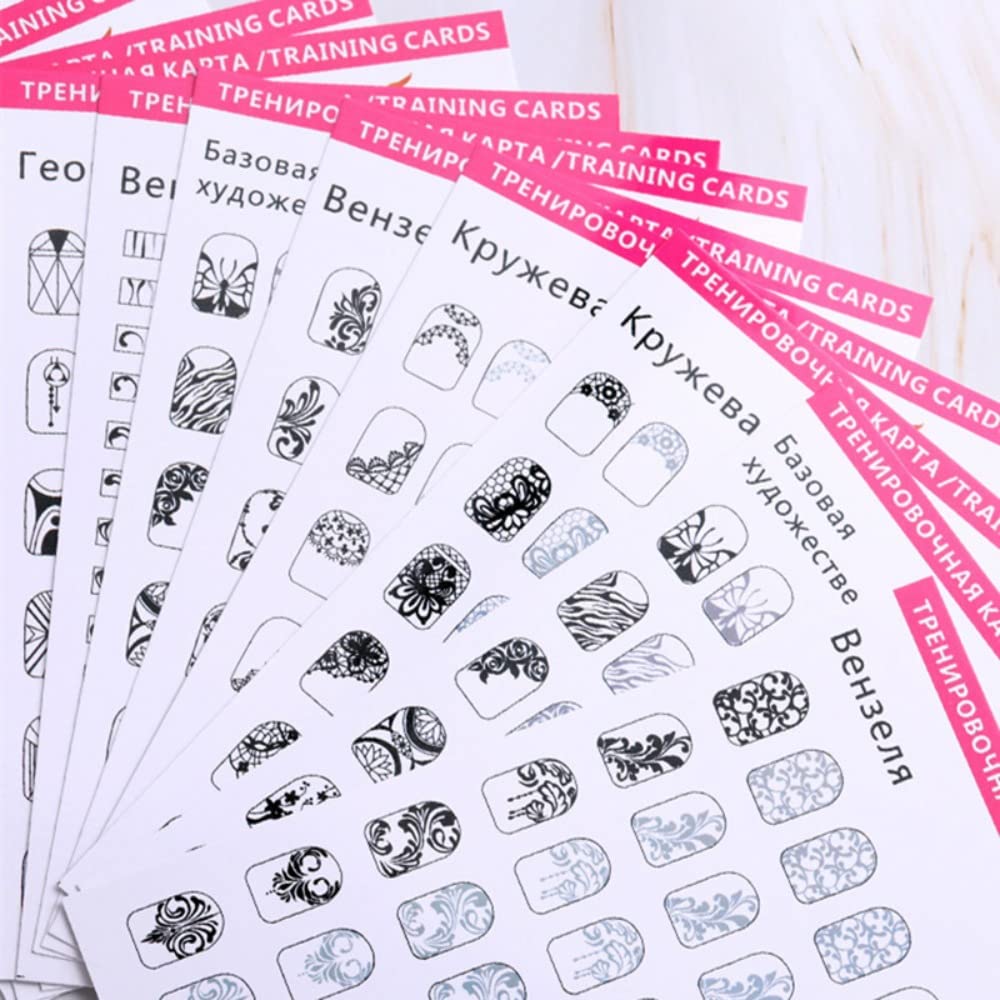 Close up of nail art practice patterns on training sheets