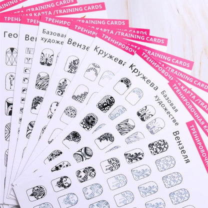 Close up of nail art practice patterns on training sheets