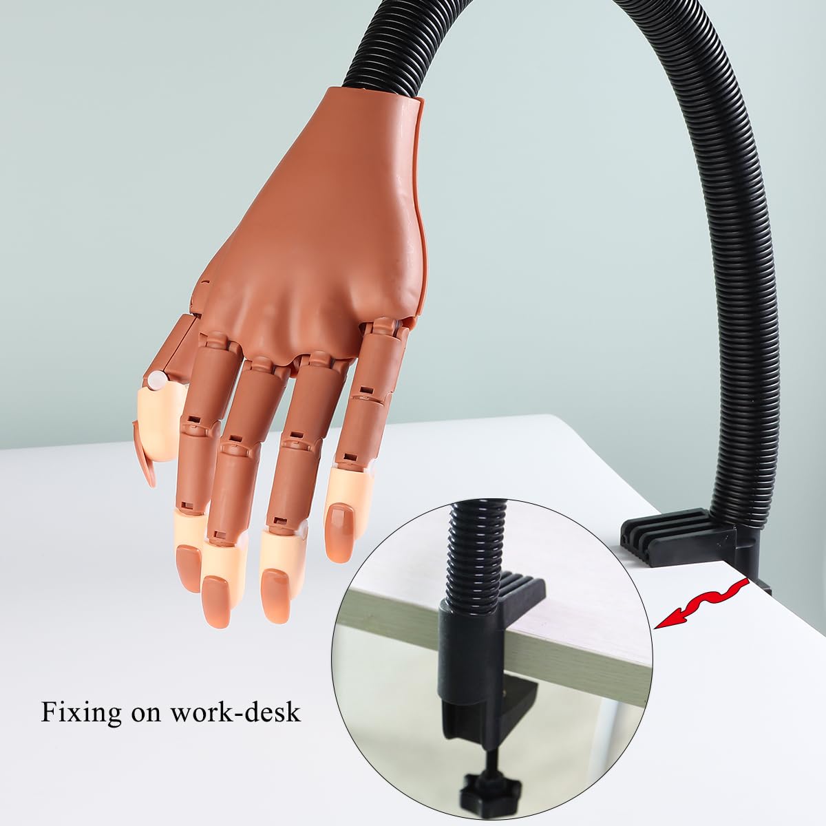 Flexible mannequin hand for nail training with table clamp