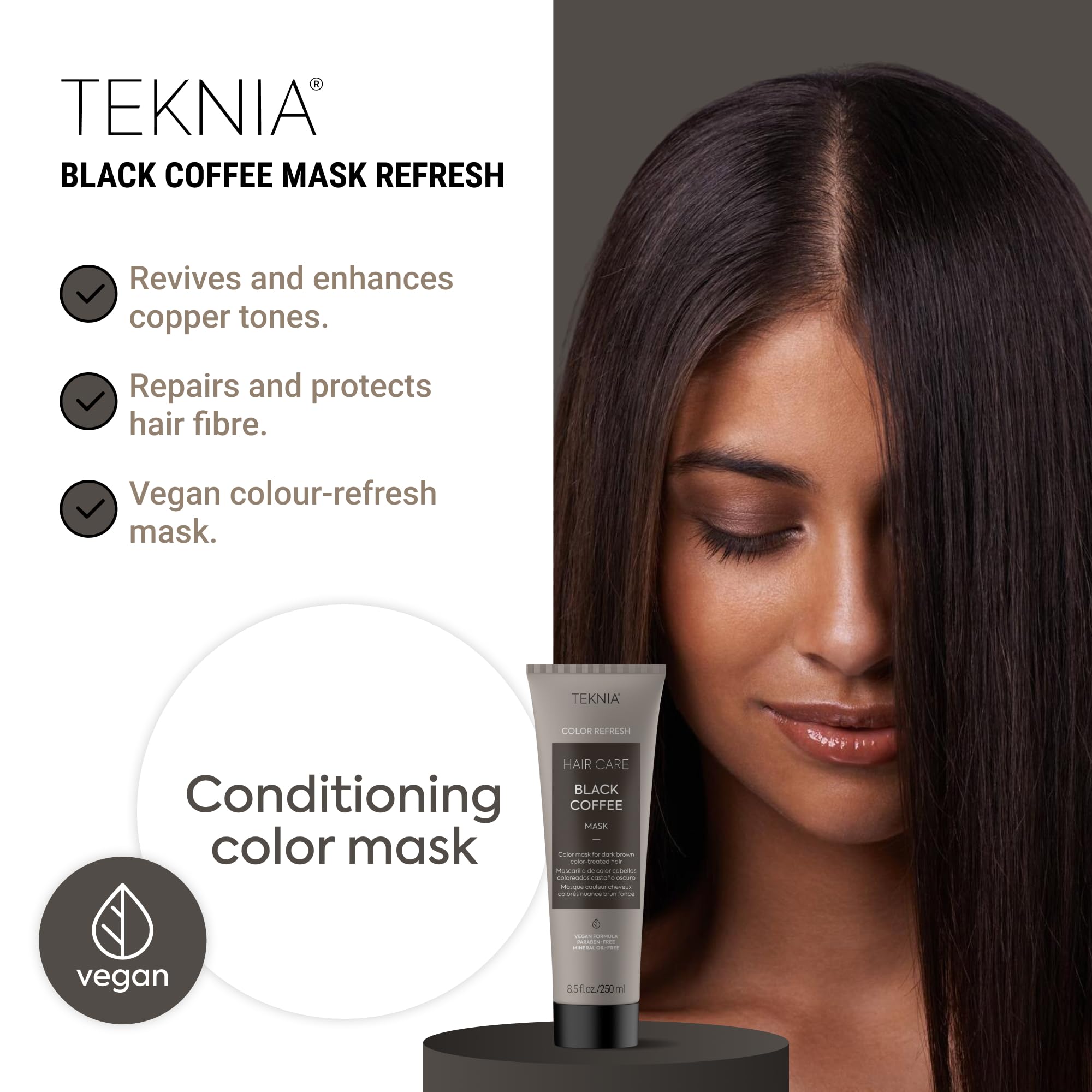 LAKMÃ‰ Teknia Black Coffee color depositing mask tube showing product details and organic cocoa extract label.