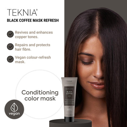LAKMÃ‰ Teknia Black Coffee color depositing mask tube showing product details and organic cocoa extract label.