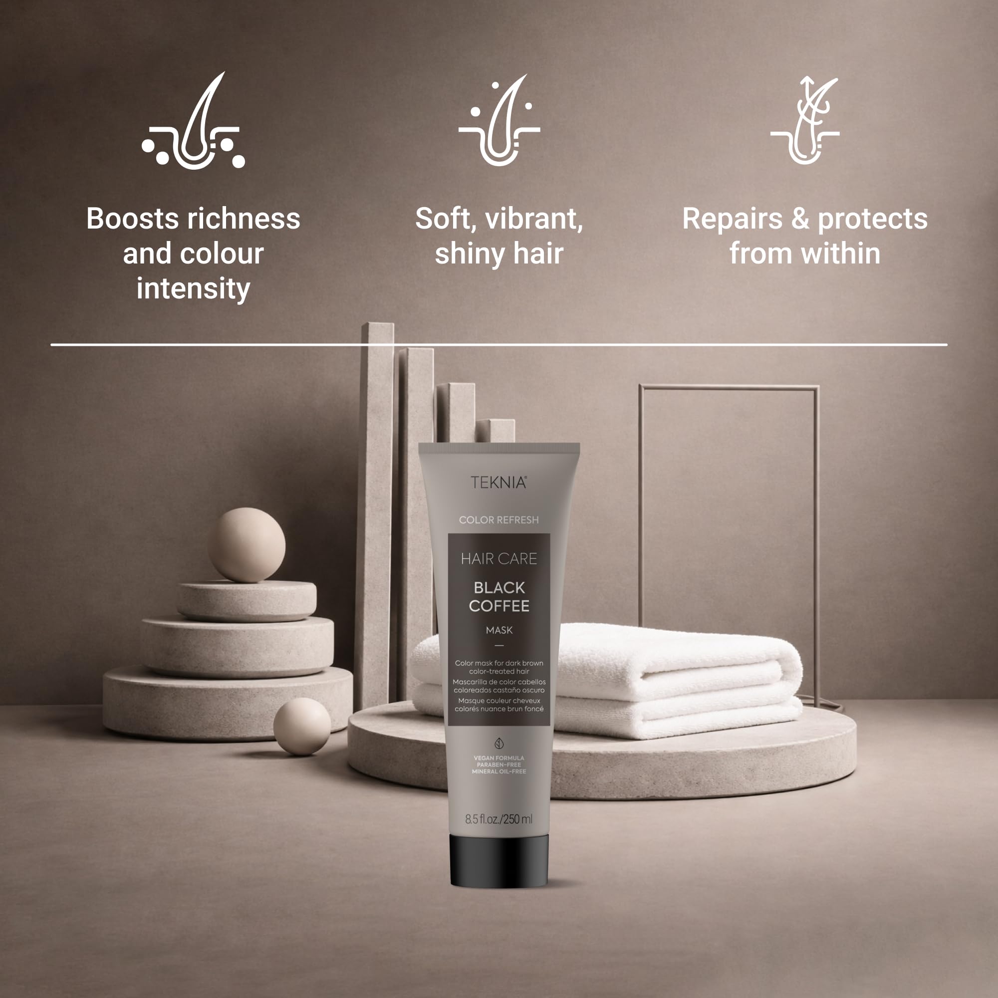 Back of LAKMÃ‰ Teknia color refreshing mask packaging detailing usage instructions and clean vegan formula certification.