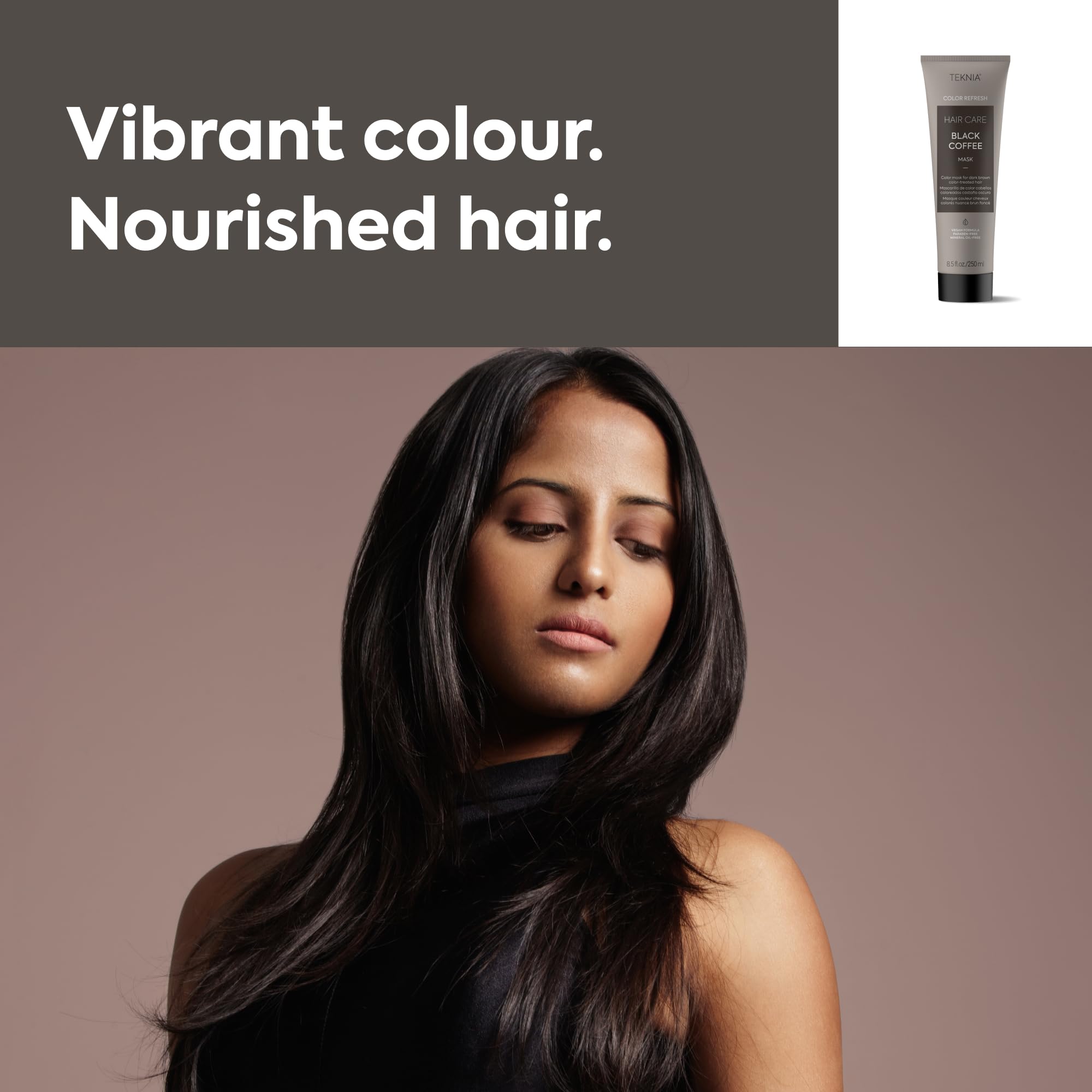 LAKMÃ‰ Teknia Black Coffee hair mask standing upright for a premium beauty store display.