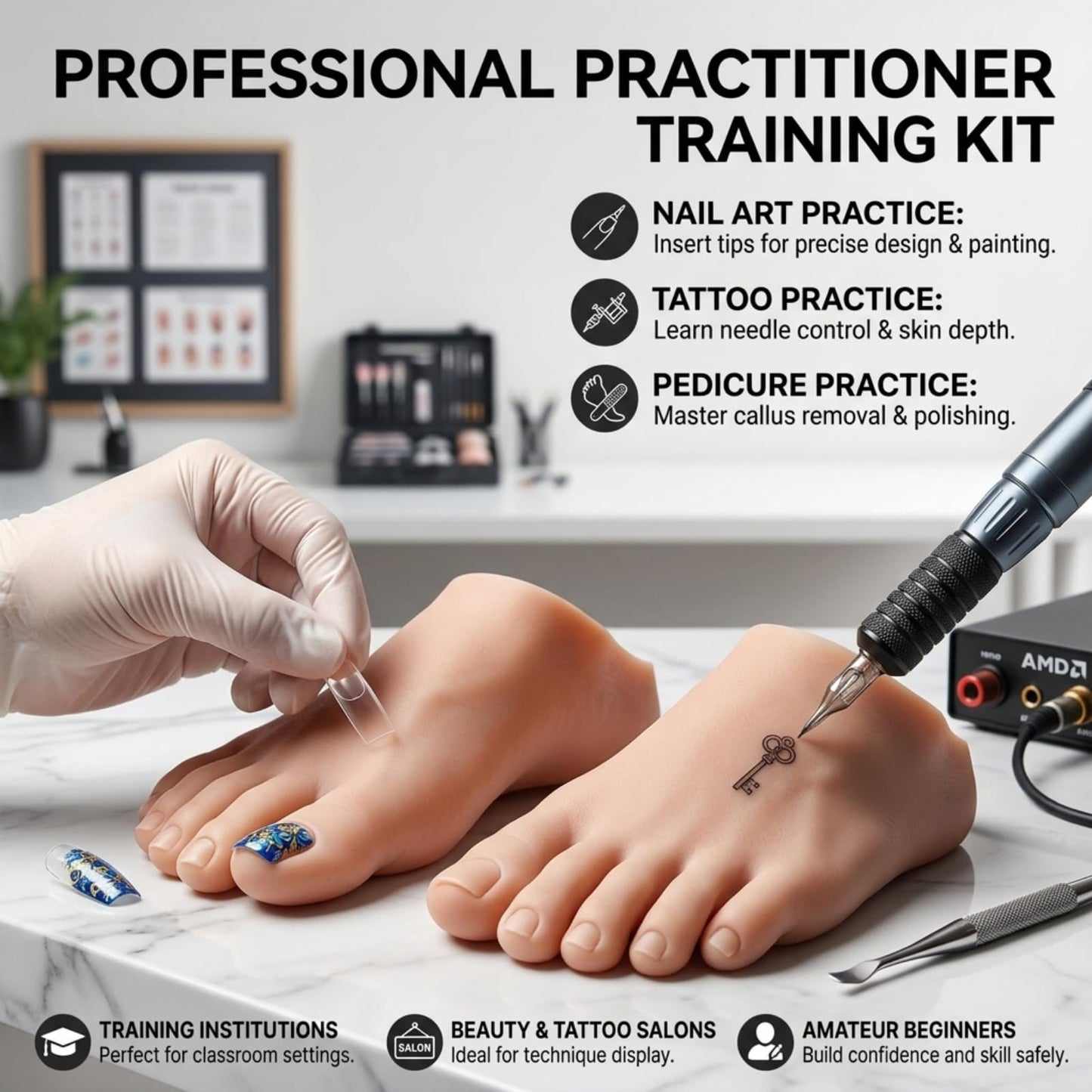 Nail art tips inserted into Cosiki silicone training foot