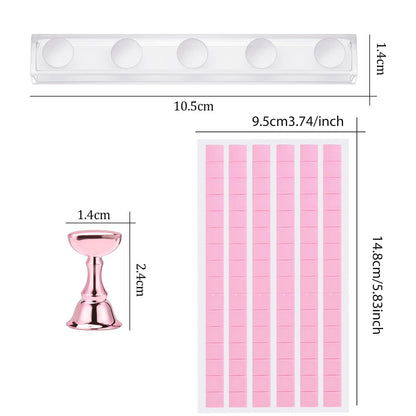 Close up of magnetic nail tips on stand for manicure training