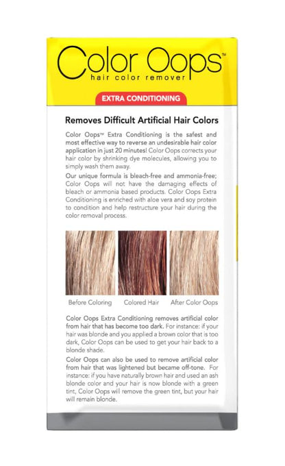 Back label of Color Oops Extra Conditioning showing instructions for correcting permanent hair color.