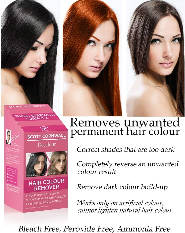 Back side of Scott Cornwall hair color remover box with instructions