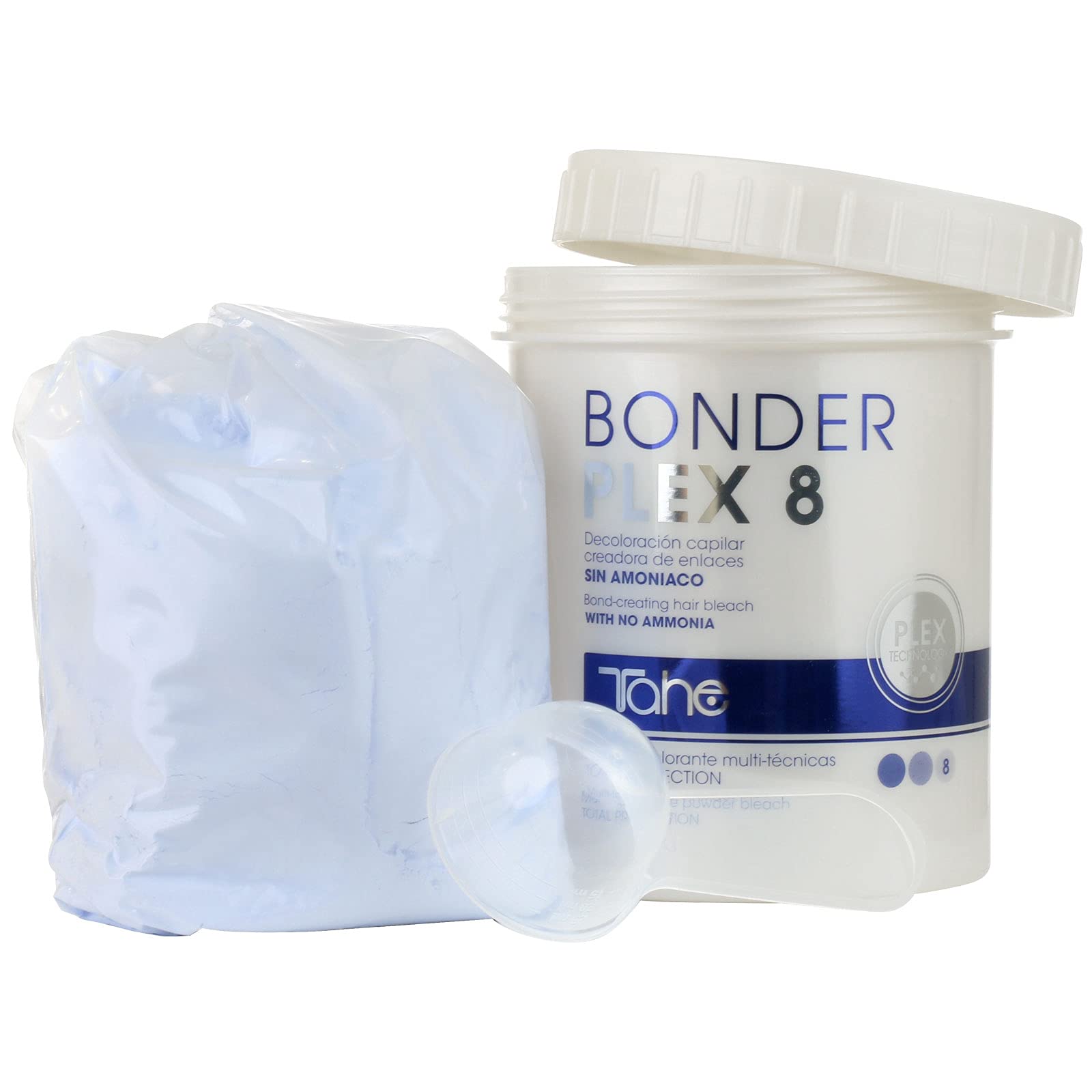Ammonia free Tahe hair bleaching powder packaging highlighting the 8 levels of lift capability.