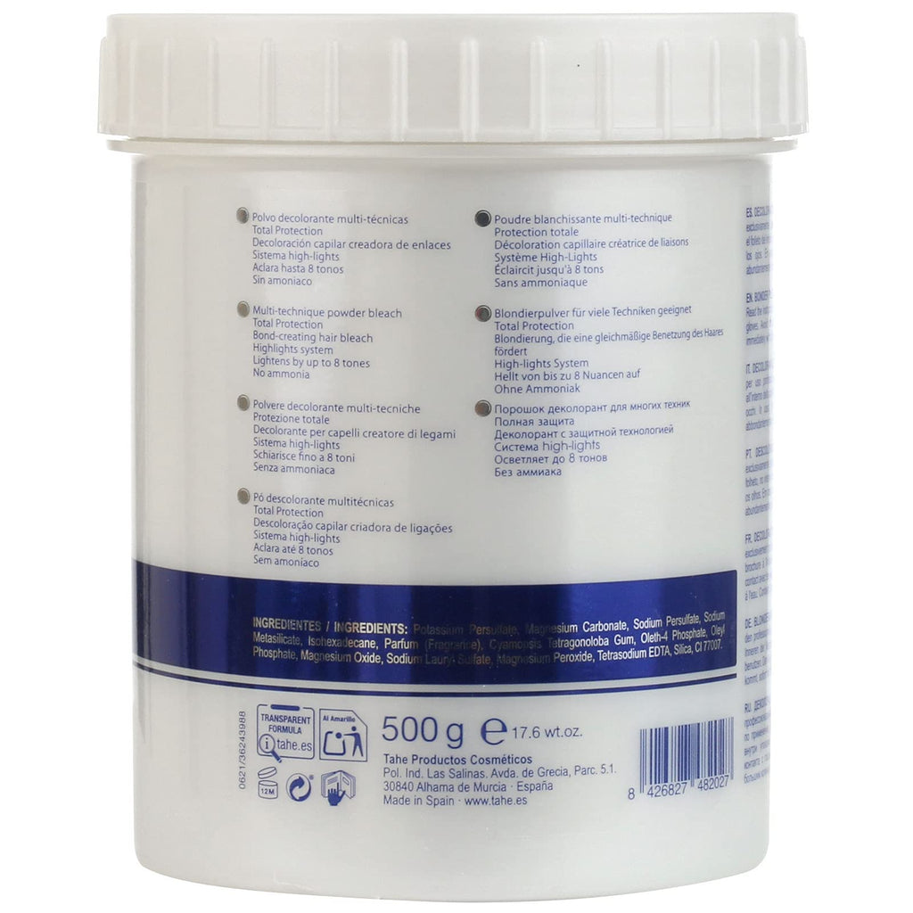 Side view of professional multi technical hair color remover showing product details and usage specifications.