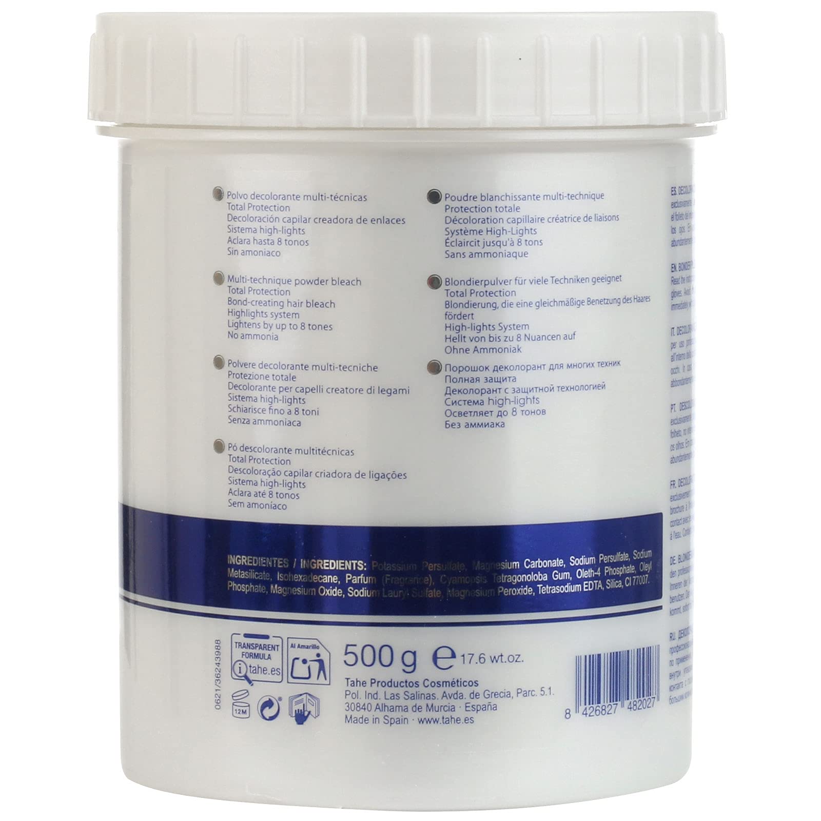 Side view of professional multi technical hair color remover showing product details and usage specifications.