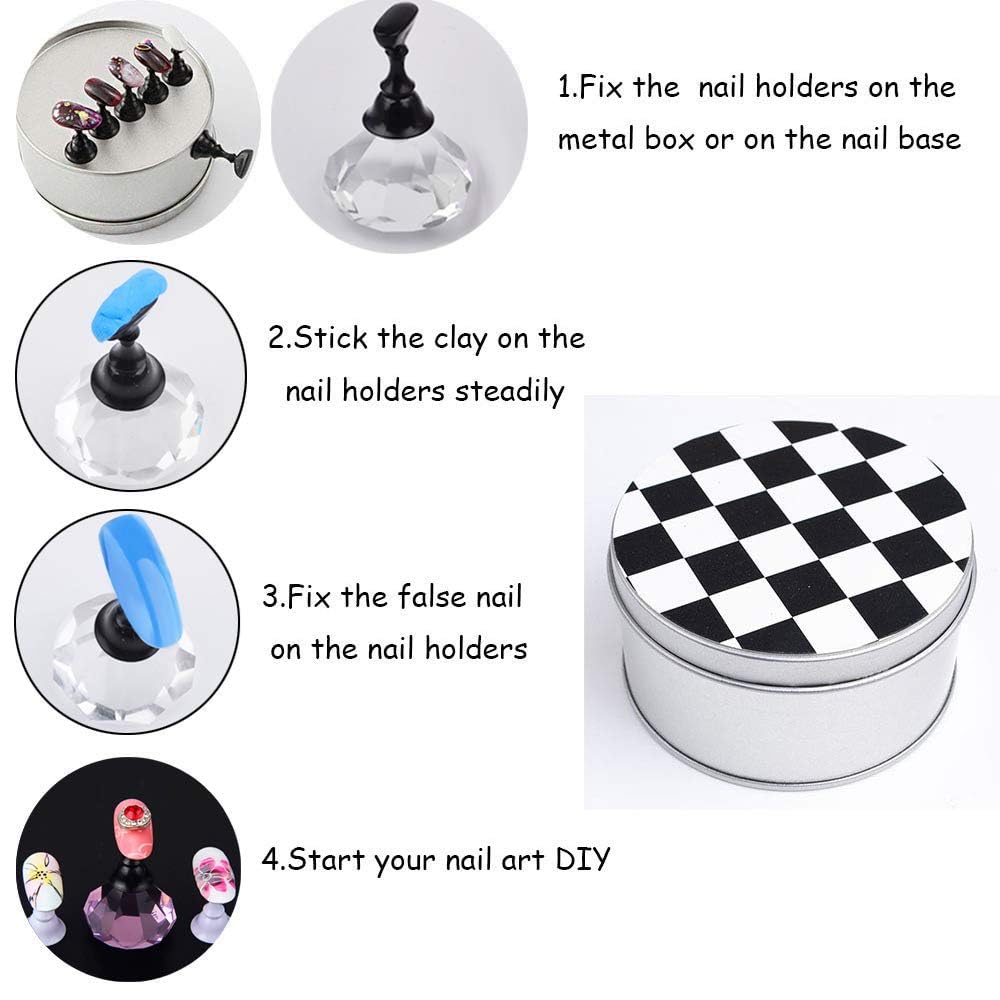 Professional manicure practice tools including magnetic stand and nail tips.