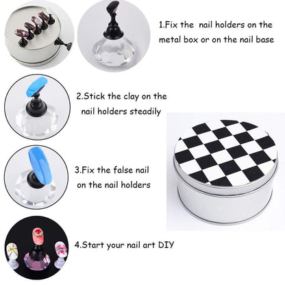 Professional manicure practice tools including magnetic stand and nail tips.