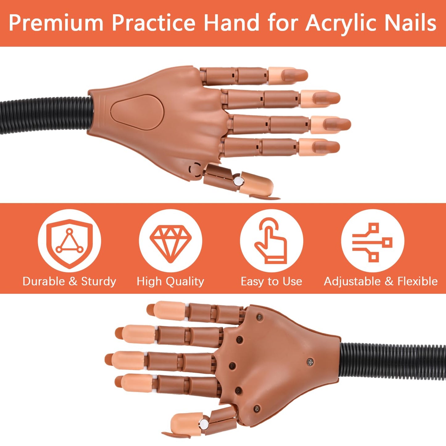 Flexible mannequin hand for nail training showing movable joints