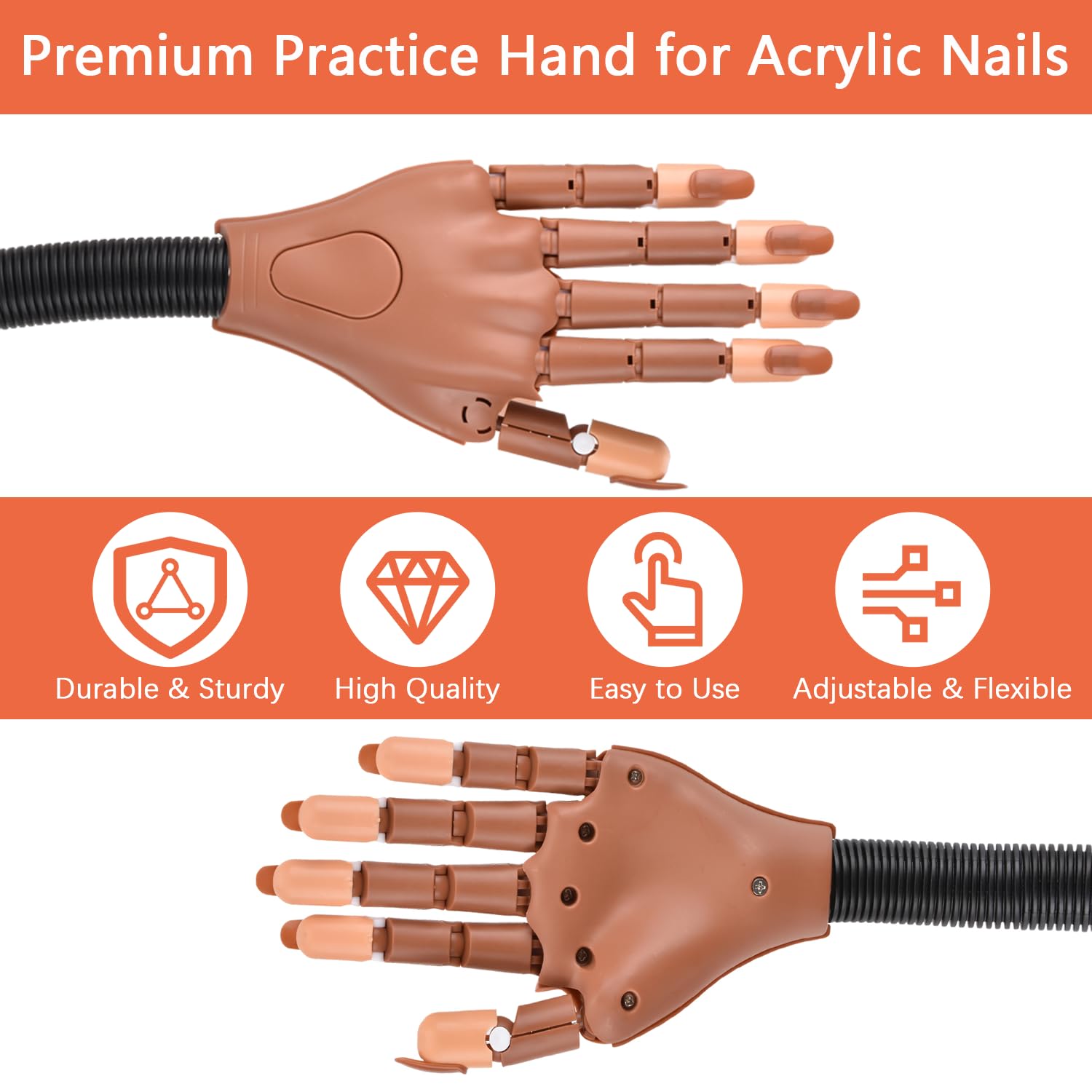 Flexible mannequin hand for nail training showing movable joints