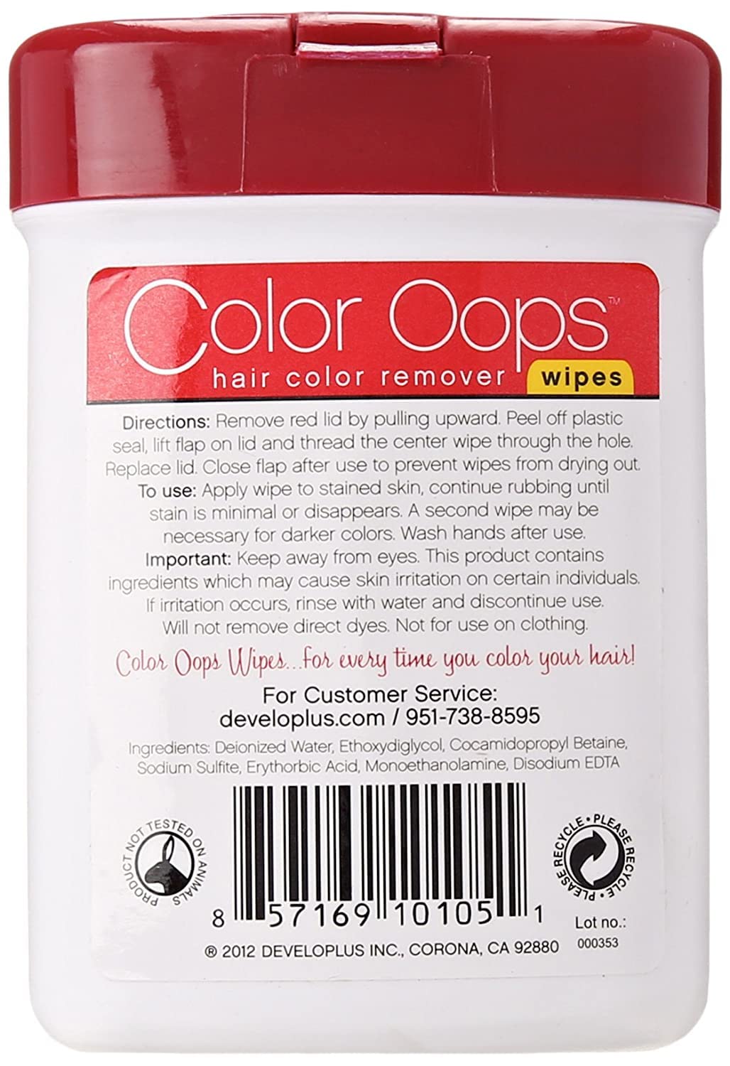 Color Oops skin dye cleansing wipes pack highlighting aloe vera formula benefits