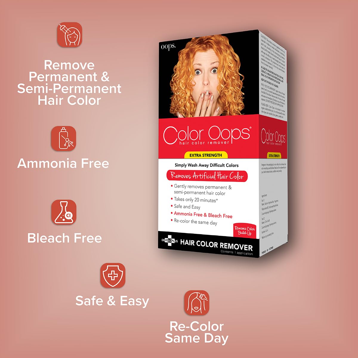 Side view of Color Oops hair color remover packaging details