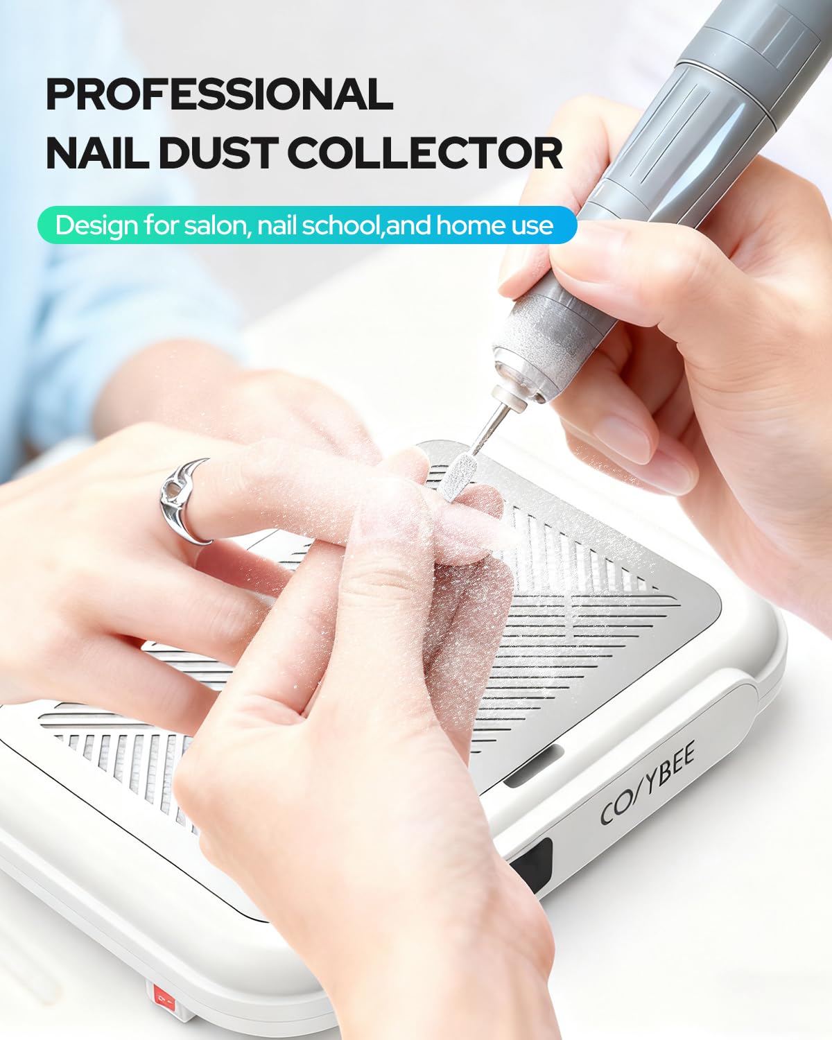 Cosybee nail dust collector being used in a home nail studio