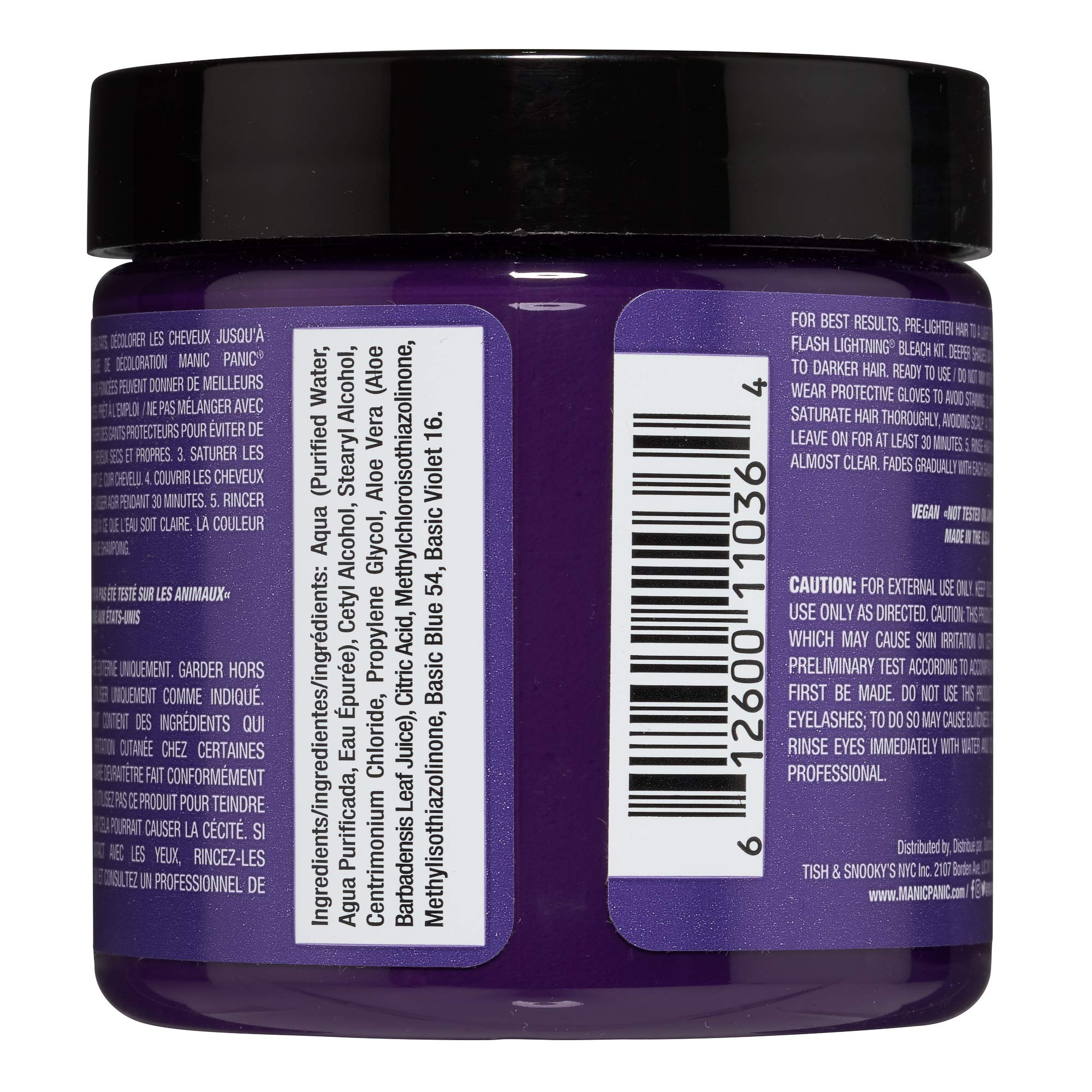 Side view of the vegan ammonia free purple hair dye jar detailing the product benefits and application instructions.