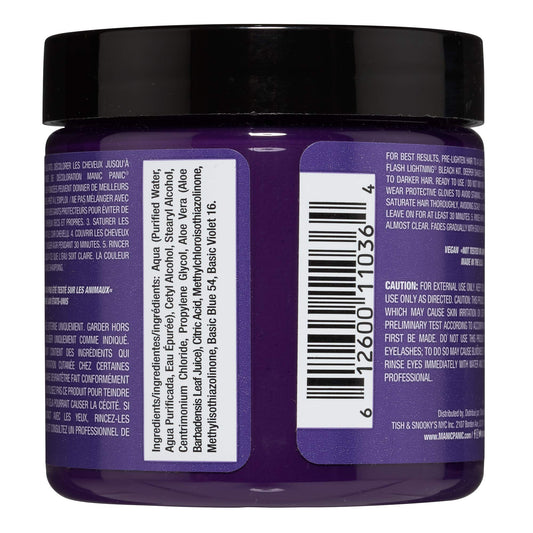 Side view of the vegan ammonia free purple hair dye jar detailing the product benefits and application instructions.