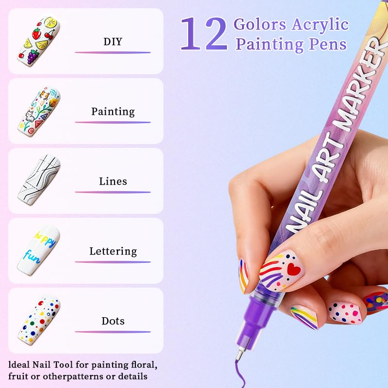 12 colors of nail art pens displayed on a table