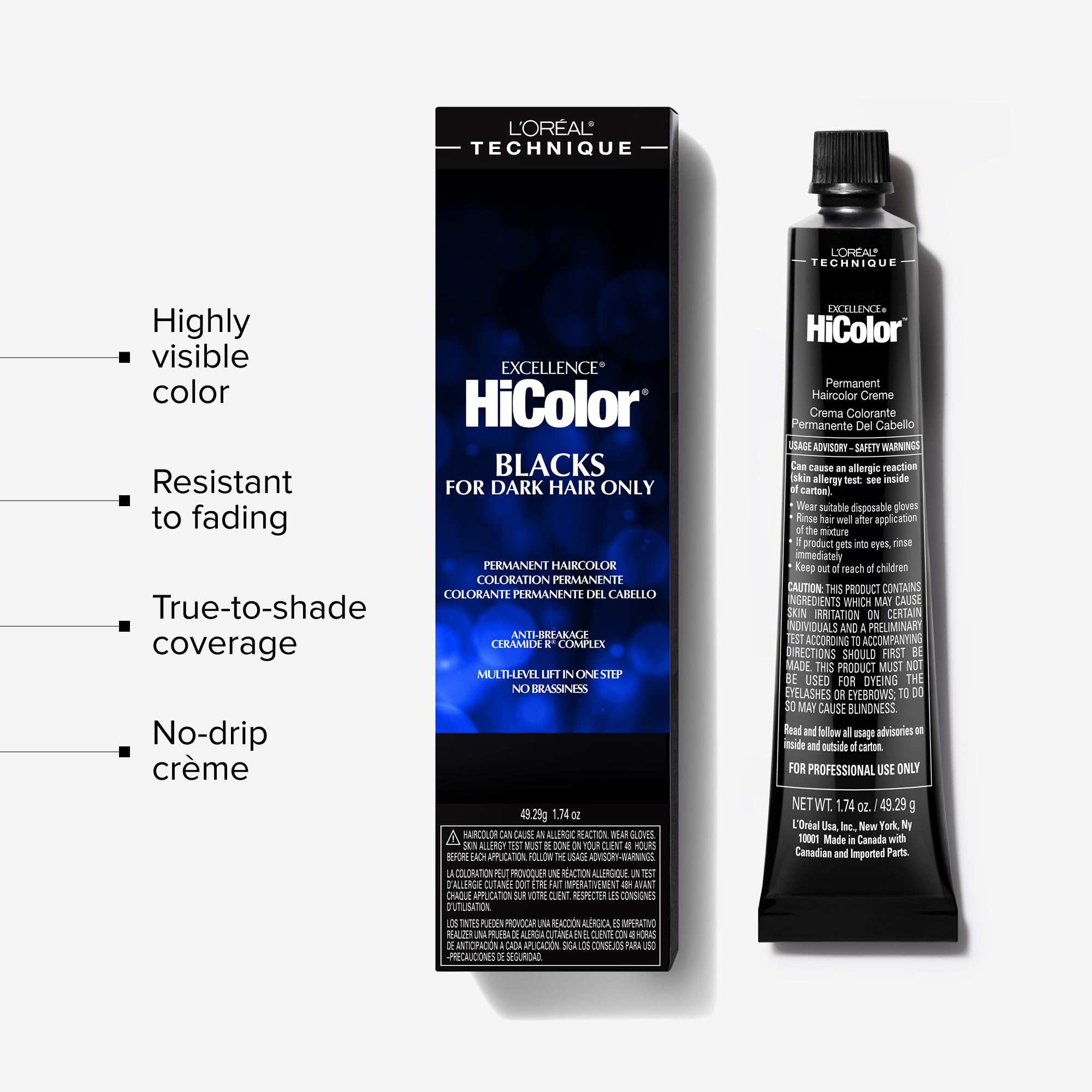 Side view of L'Oreal HiColor tube highlighting mixing instructions and single step application for dark bases.