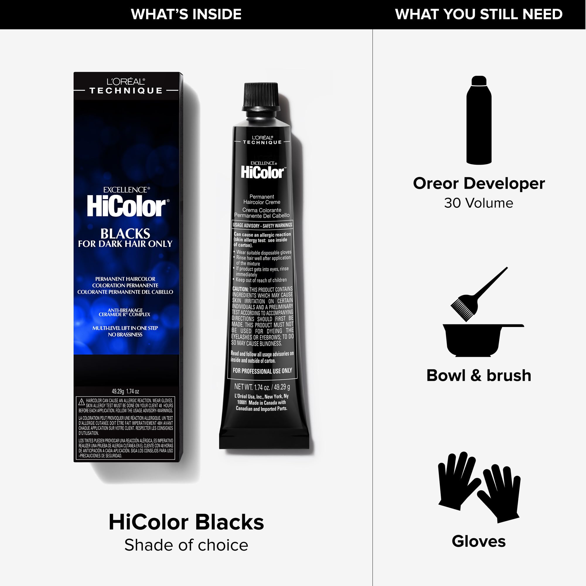 L'Oreal Technique Black Onyx Number 21 hair dye box showing multi level lift color results.