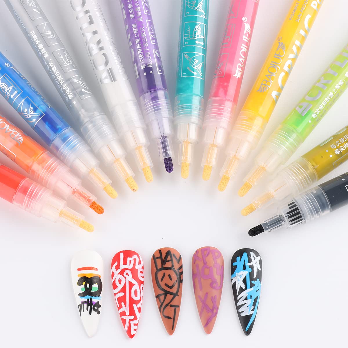 Assorted colors of 12 piece waterproof nail drawing pens