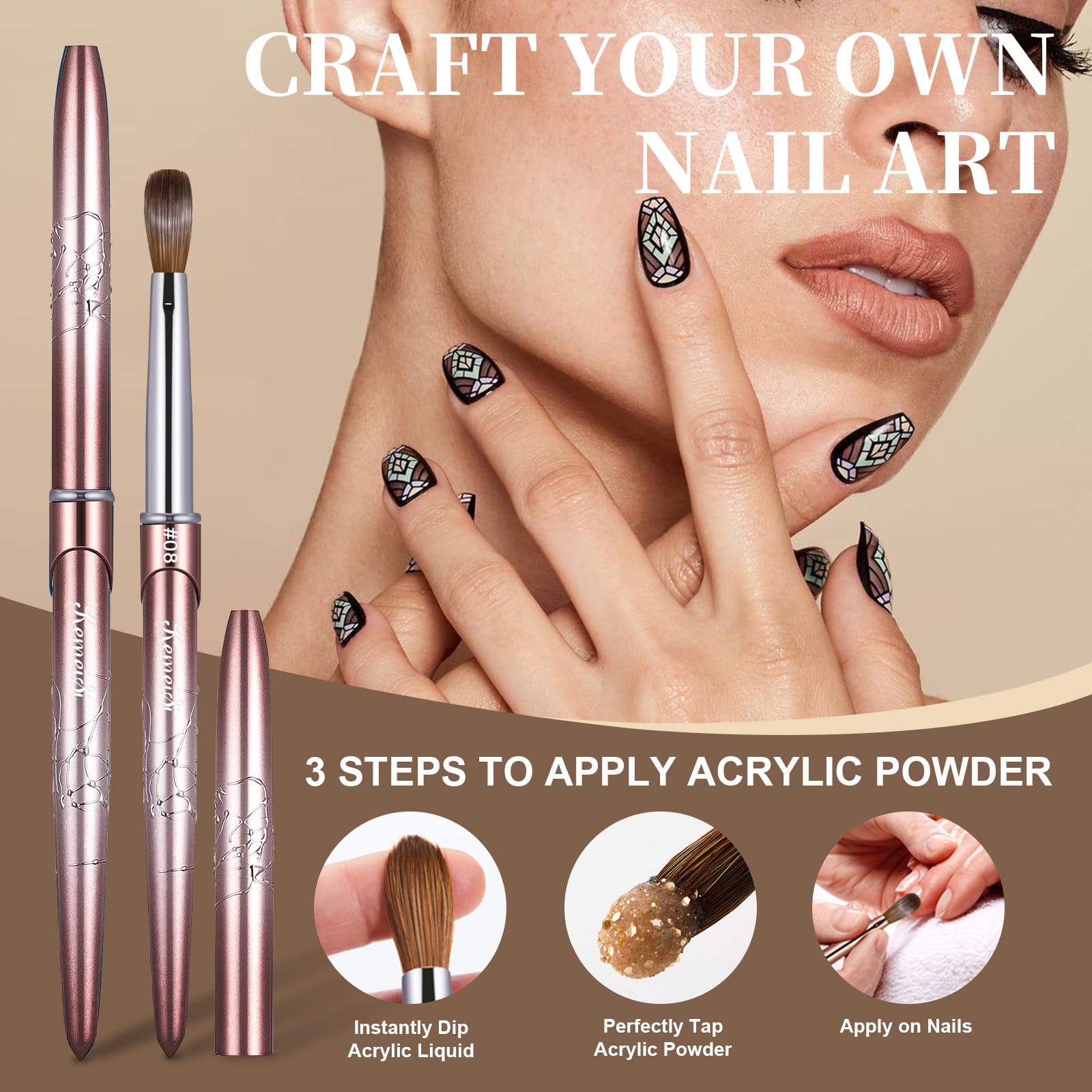 Kemeisi nail brush displayed with acrylic design tools