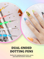 Top view of nail dotting tools and painting brushes