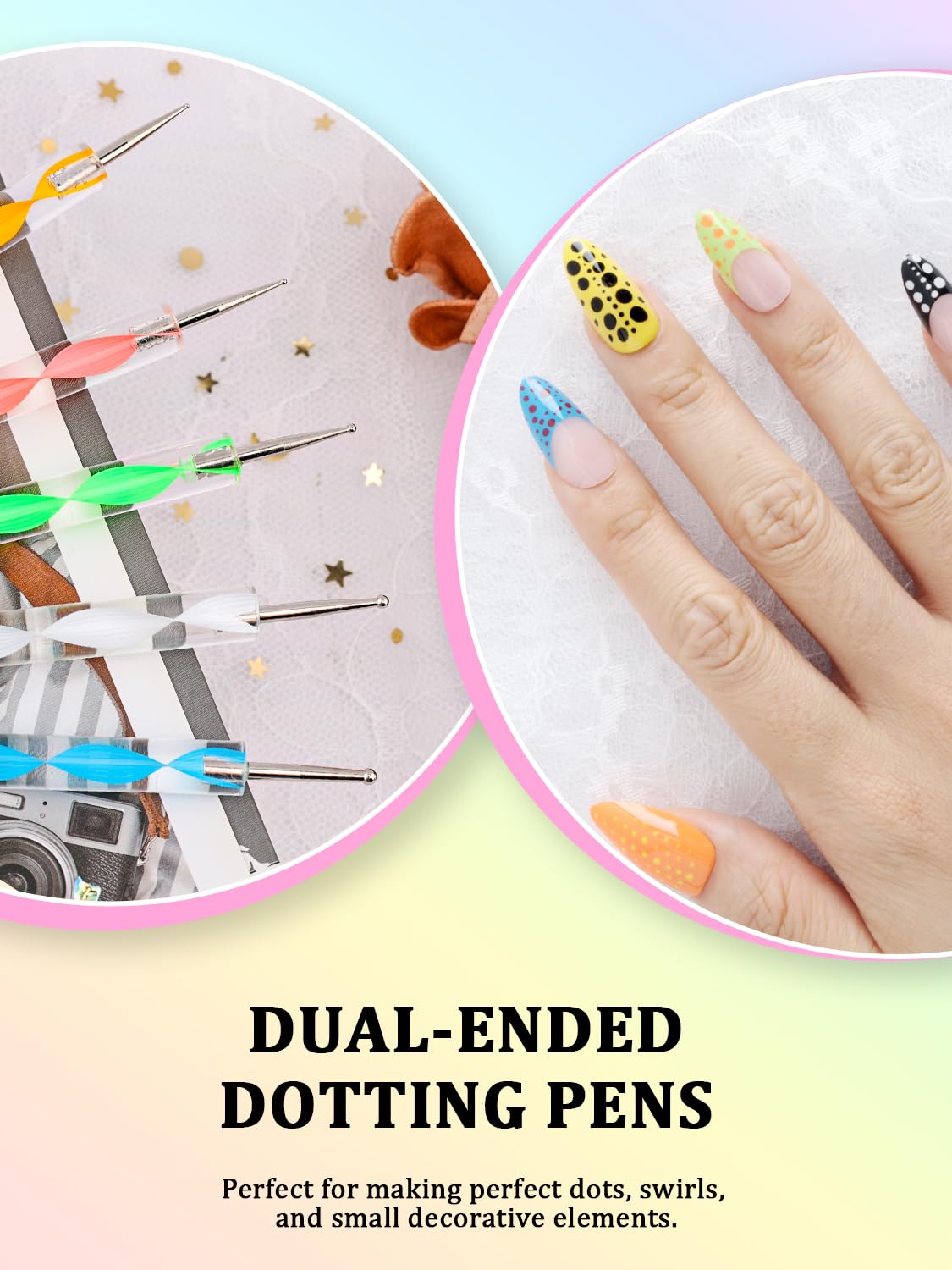 Top view of nail dotting tools and painting brushes