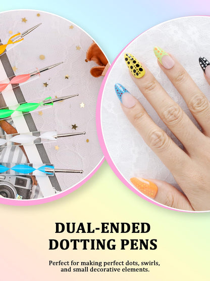 Top view of nail dotting tools and painting brushes