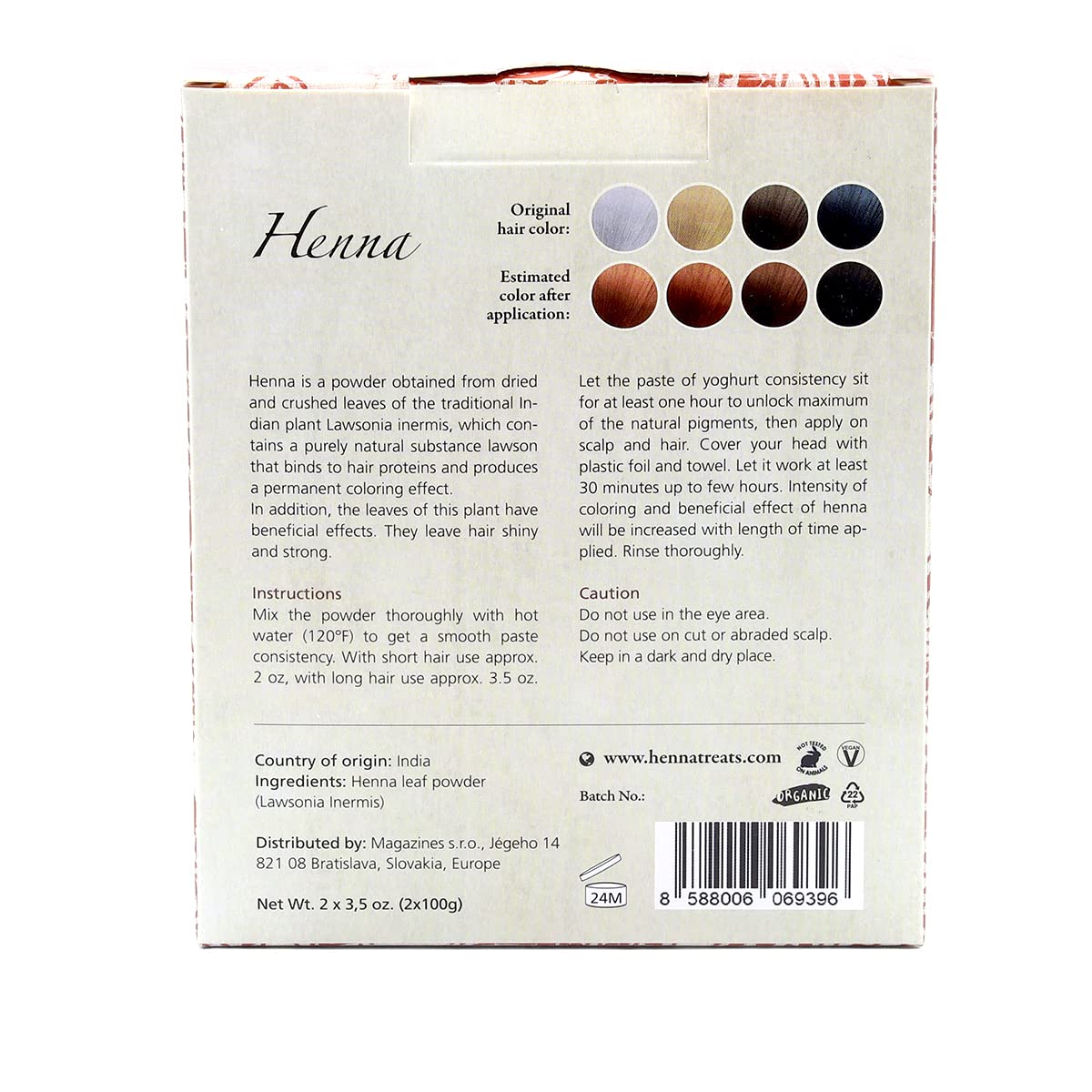 Side angle of the seven ounce henna powder packaging displaying 100 percent natural and vegan certifications