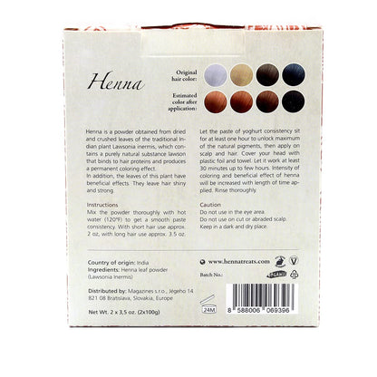 Side angle of the seven ounce henna powder packaging displaying 100 percent natural and vegan certifications