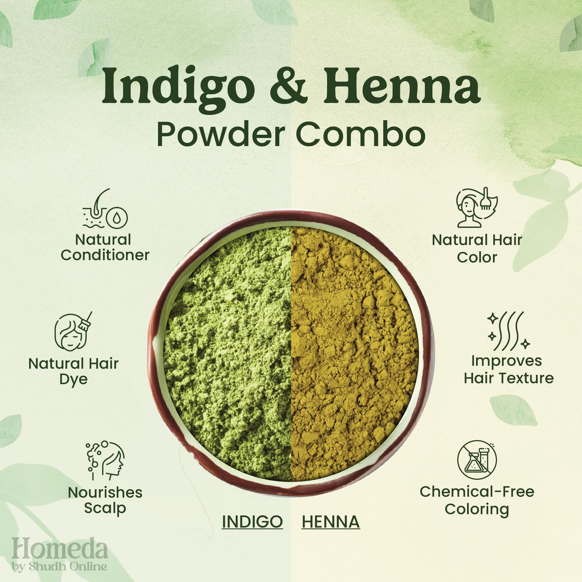 Pure green henna leaf powder and dark indigo powder side by side for hair dye preparation